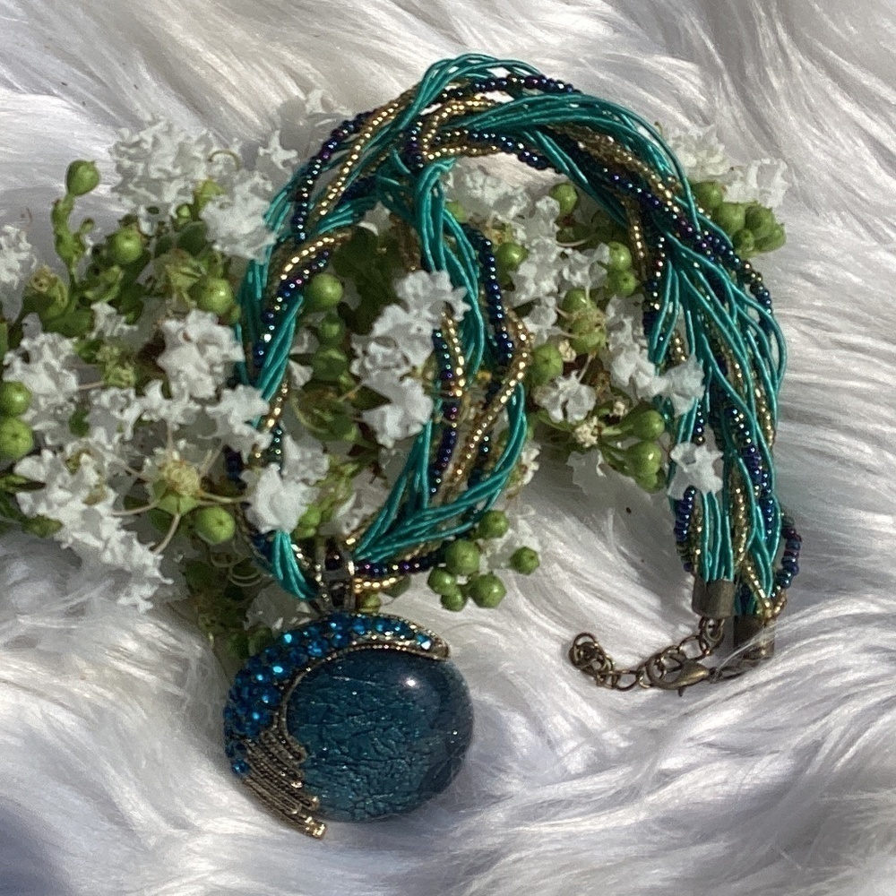 Bohemian Twist Beaded Fabric Blue Rhinestone Orb Pendant Necklace - Picture 4 of 9